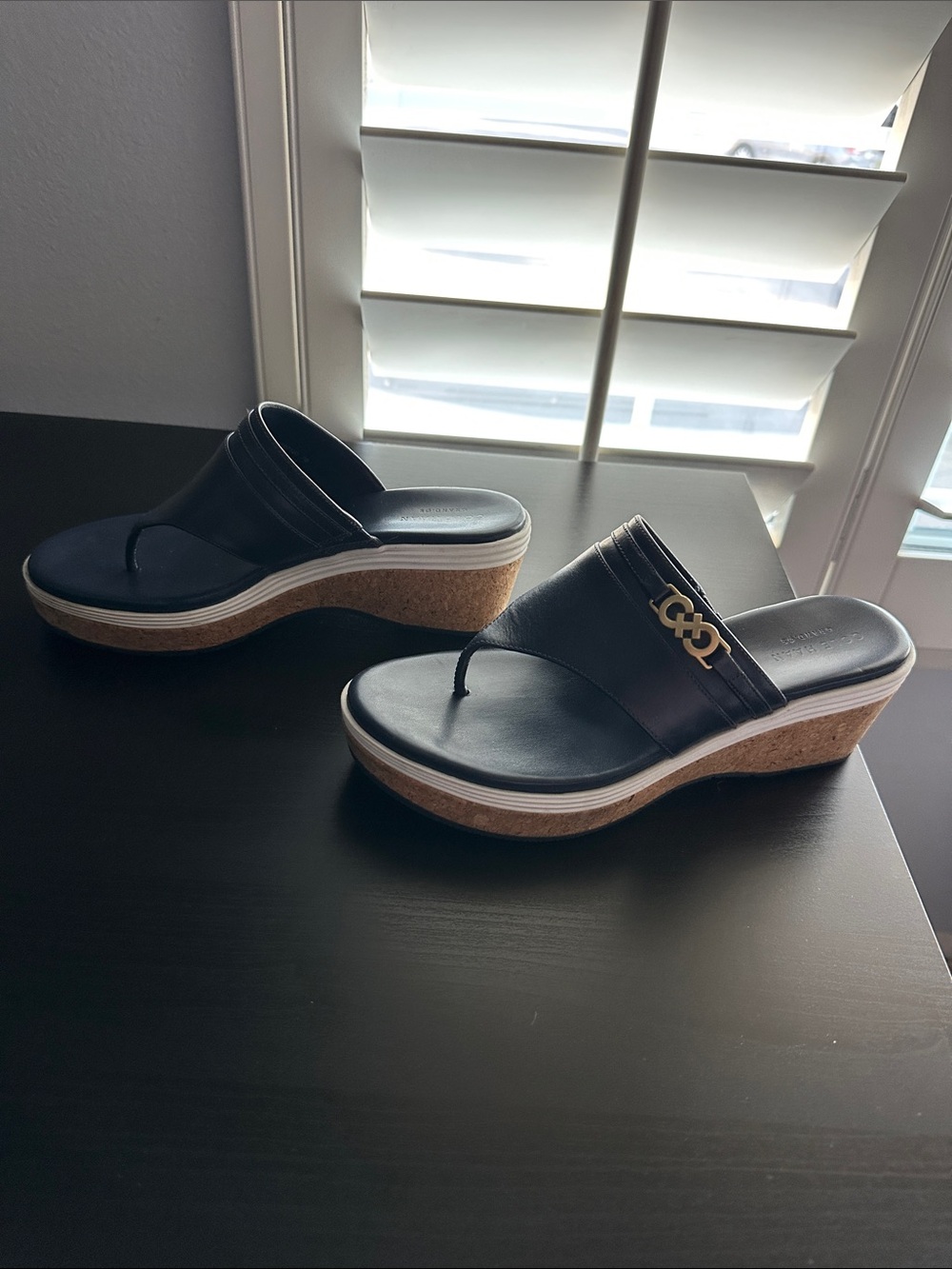 Cole Haan blue leather sandals with gold logo accent and cork souls, size 7 - Picture 2 of 7